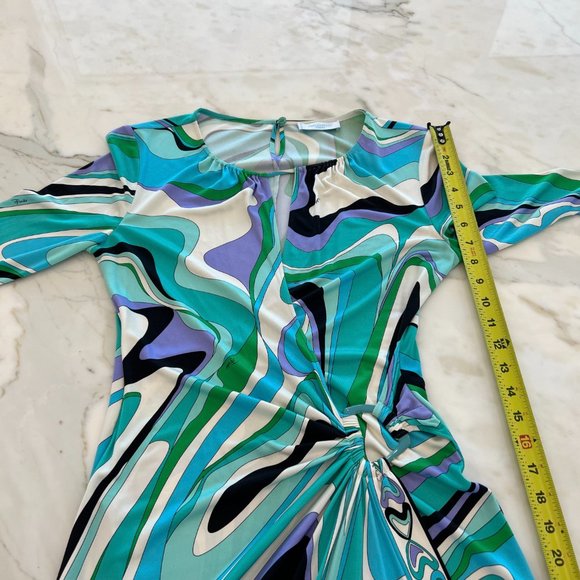 EMILIO PUCCI BLUE MULTI SILK FAUX WRAP ENAMEL BUCKLE DRESS MODEL 72RH25 SIZE IT - Picture 8 of 17